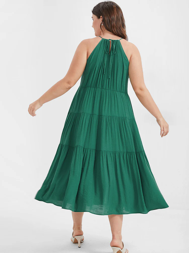Solid Flutter Split Keyhole Ties Halter Neck Midi Dress - Image 5