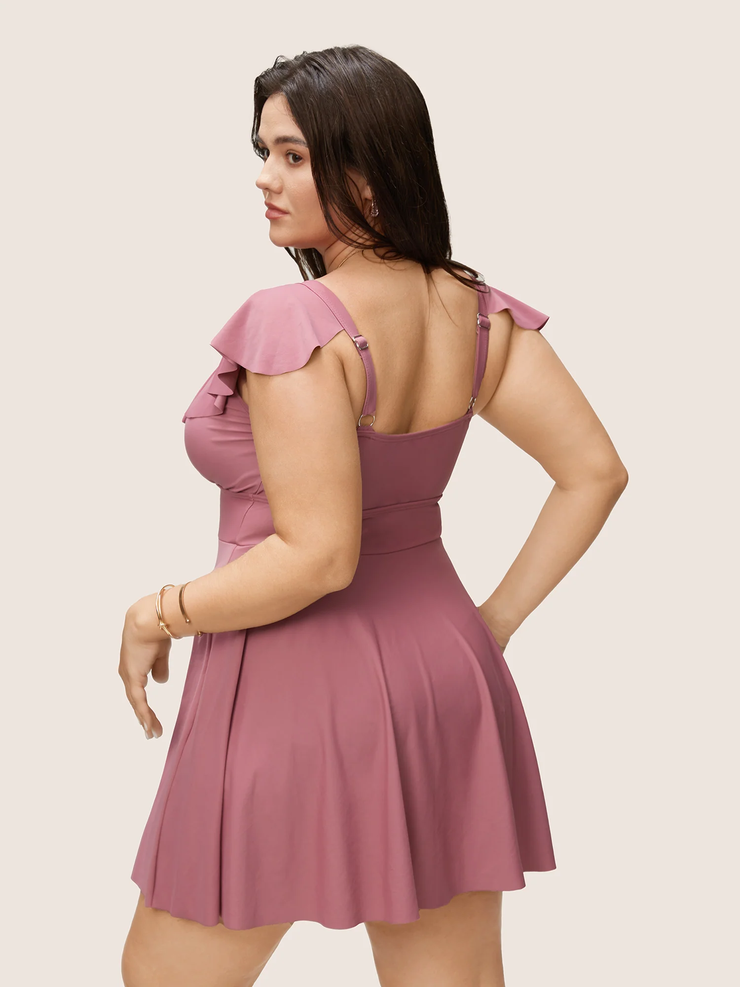 Solid Flutter Trim A Line Swim Dress - Image 2