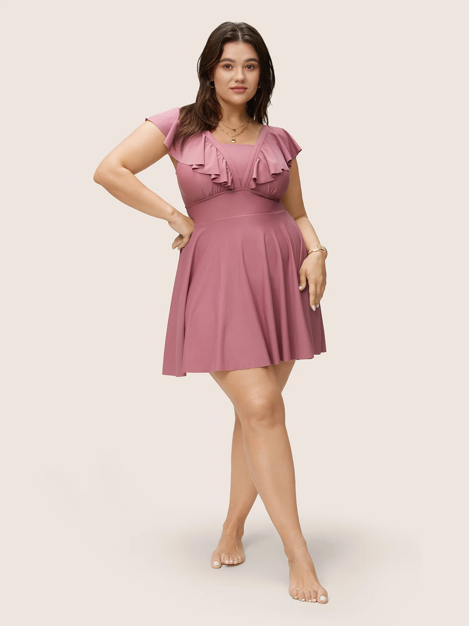Solid Flutter Trim A Line Swim Dress - Image 3