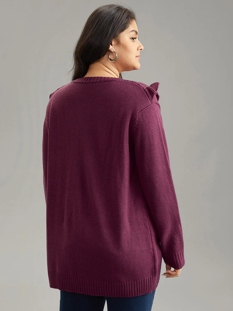 Solid Flutter Trim Plisse Loose Pullover - Image 2