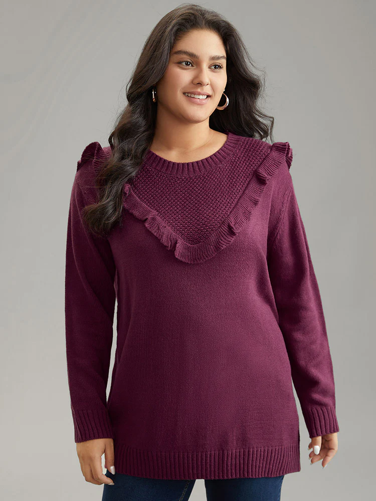 Solid Flutter Trim Plisse Loose Pullover - Image 3
