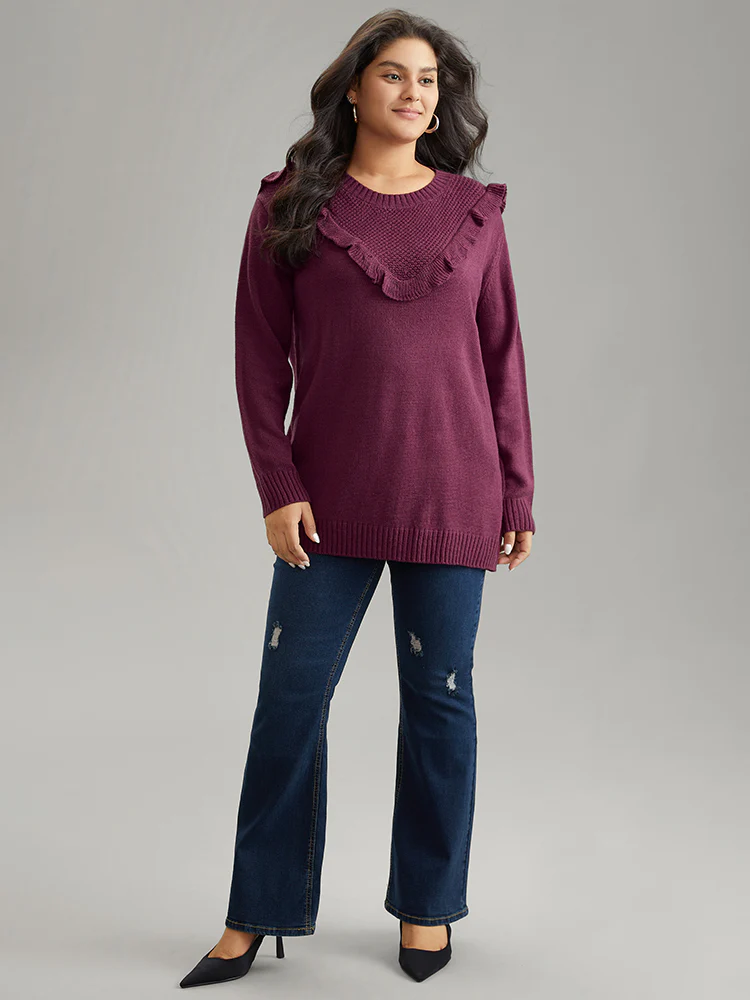 Solid Flutter Trim Plisse Loose Pullover - Image 4