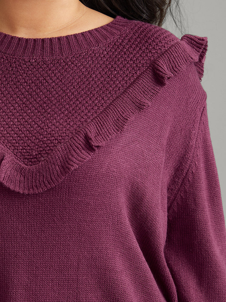 Solid Flutter Trim Plisse Loose Pullover - Image 5