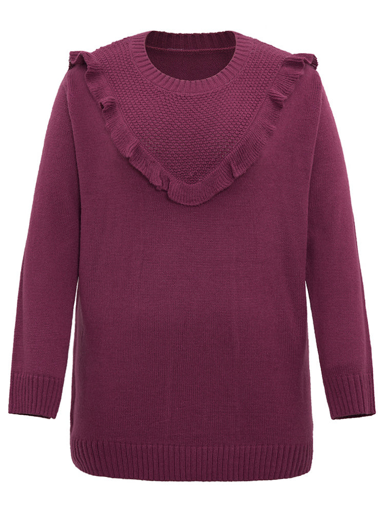 Solid Flutter Trim Plisse Loose Pullover - Image 6