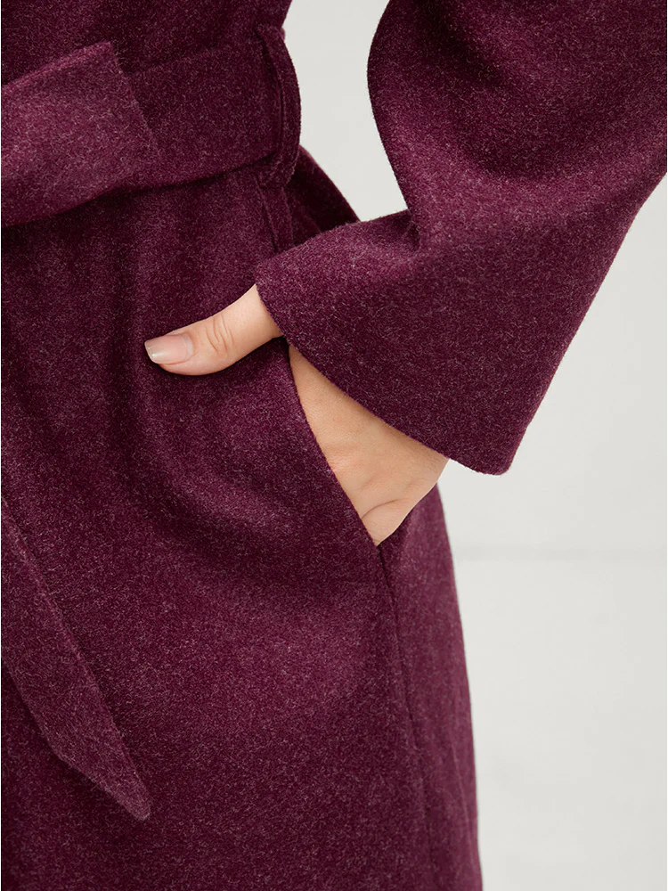 Solid Foldover Collar Pocket Asymmetrical Hem Belted Coat - Image 11