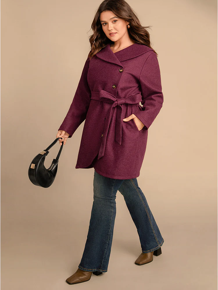 Solid Foldover Collar Pocket Asymmetrical Hem Belted Coat - Image 2