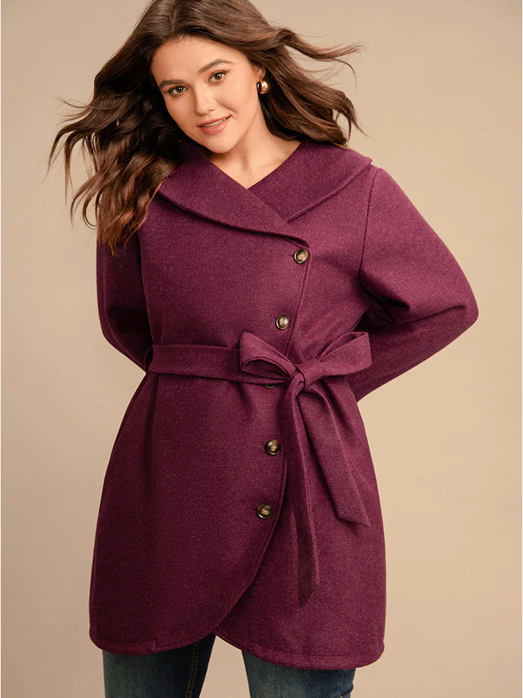 Solid Foldover Collar Pocket Asymmetrical Hem Belted Coat - Image 3