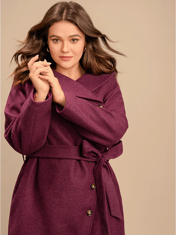 Solid Foldover Collar Pocket Asymmetrical Hem Belted Coat - Image 4