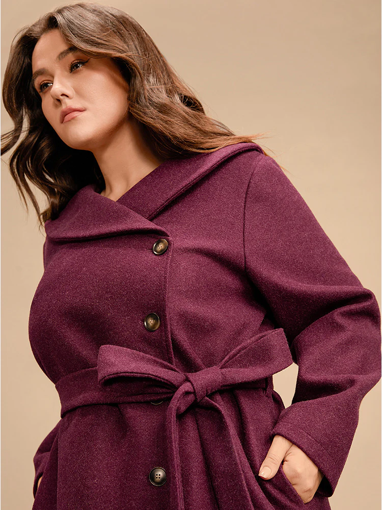 Solid Foldover Collar Pocket Asymmetrical Hem Belted Coat - Image 5