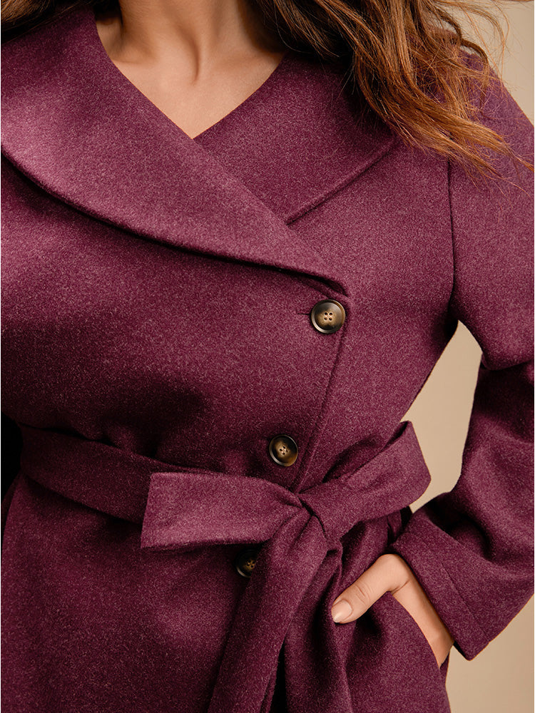 Solid Foldover Collar Pocket Asymmetrical Hem Belted Coat - Image 6