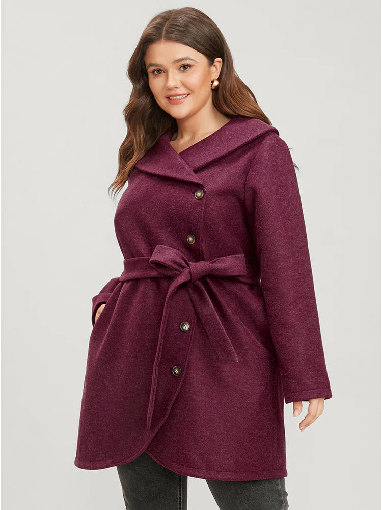 Solid Foldover Collar Pocket Asymmetrical Hem Belted Coat - Image 7