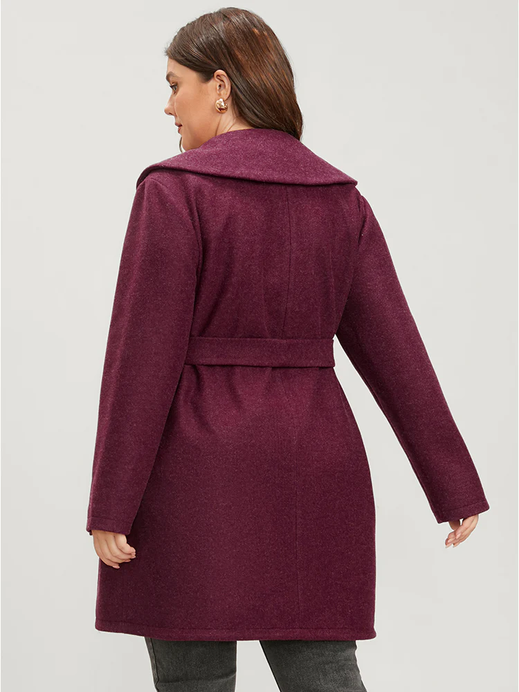 Solid Foldover Collar Pocket Asymmetrical Hem Belted Coat - Image 8