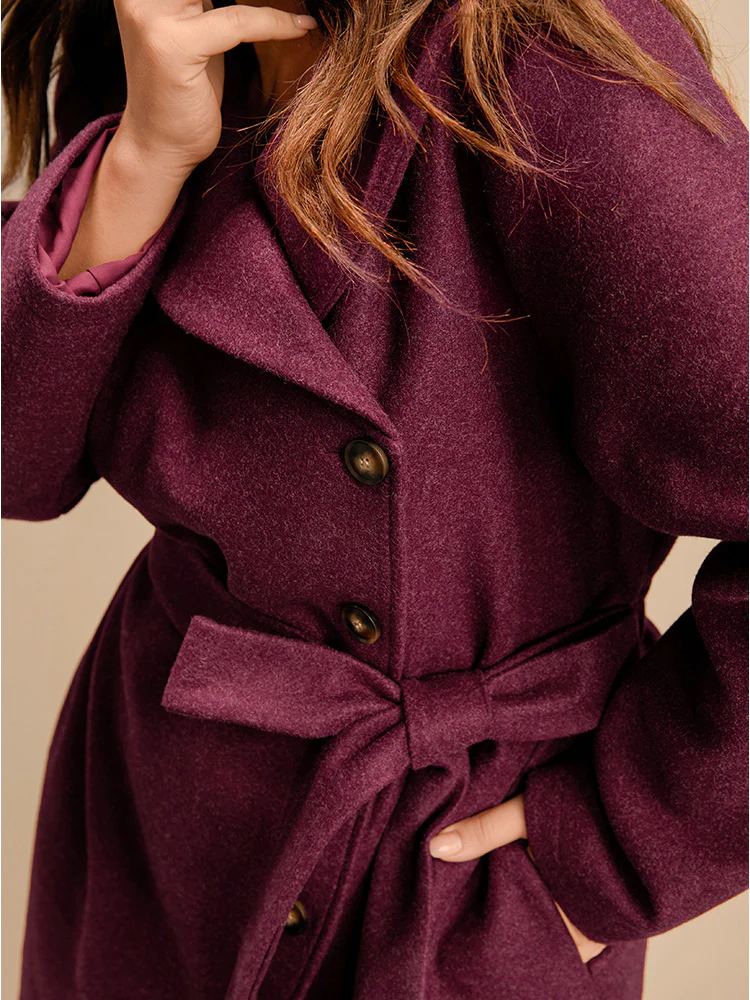 Solid Foldover Collar Pocket Asymmetrical Hem Belted Coat - Image 9