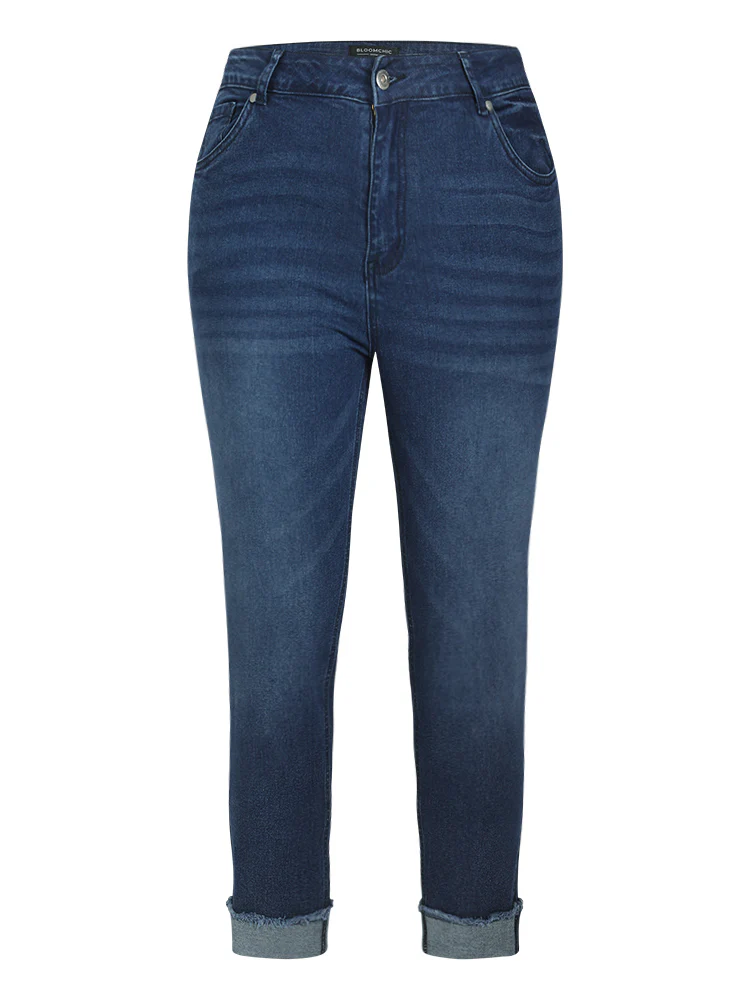 Solid Frayed Roll Hem High Rise Jeans - Image 10