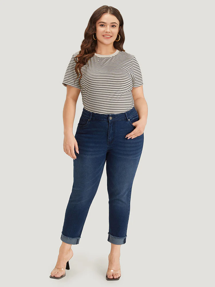 Solid Frayed Roll Hem High Rise Jeans - Image 2
