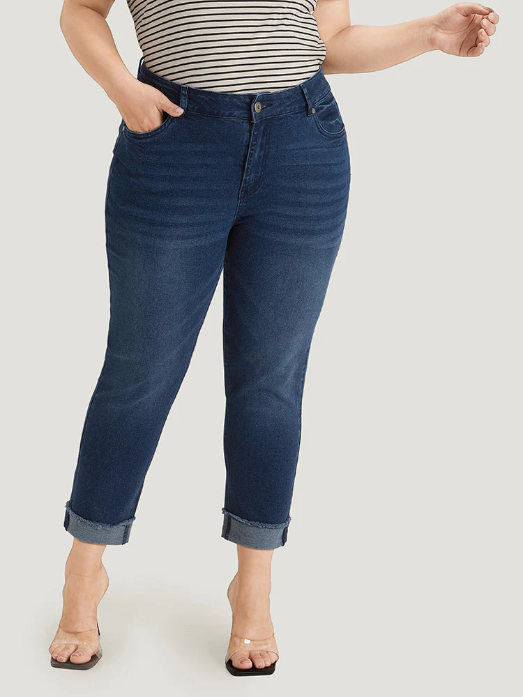 Solid Frayed Roll Hem High Rise Jeans - Image 3