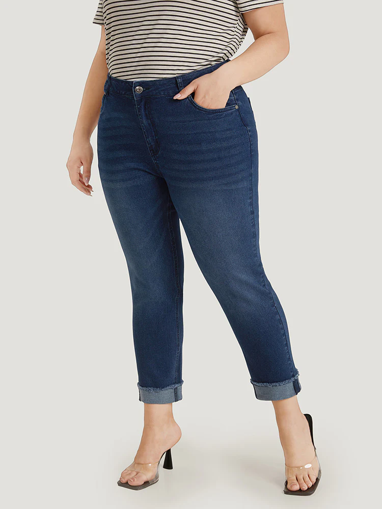 Solid Frayed Roll Hem High Rise Jeans - Image 4