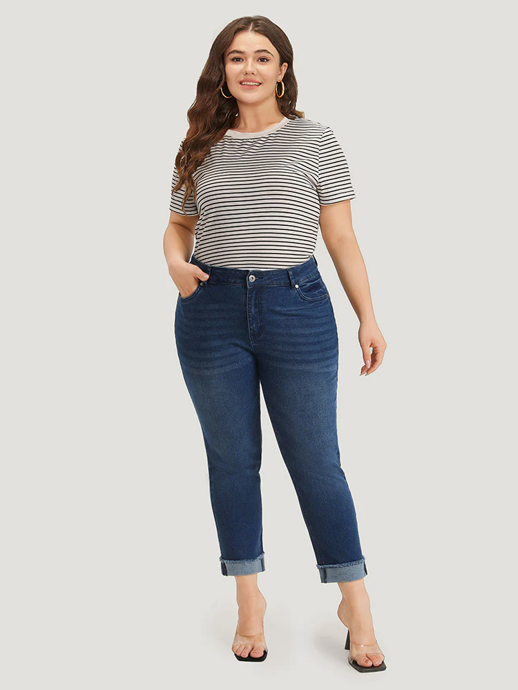 Solid Frayed Roll Hem High Rise Jeans - Image 5