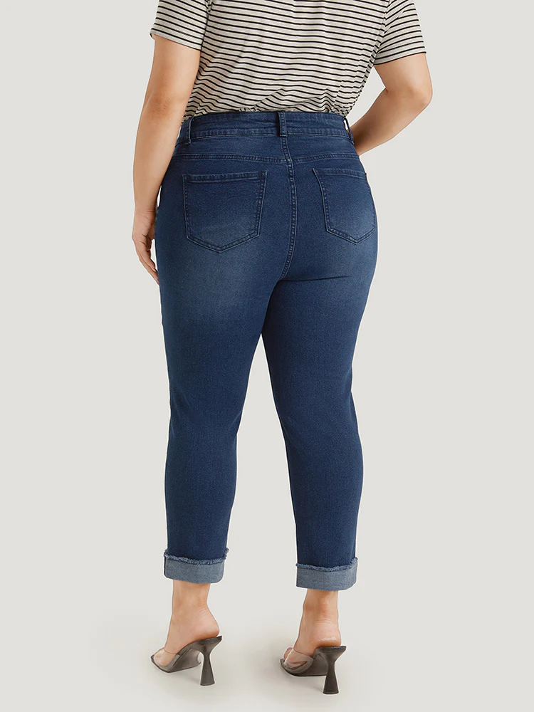 Solid Frayed Roll Hem High Rise Jeans - Image 6