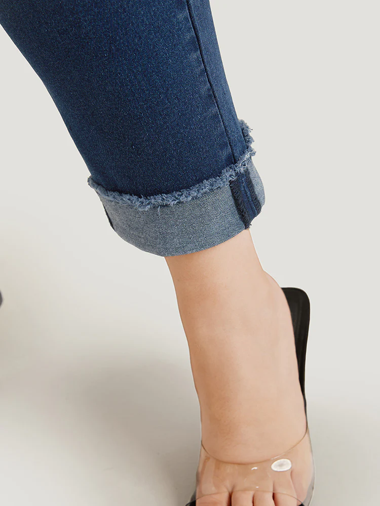 Solid Frayed Roll Hem High Rise Jeans - Image 9