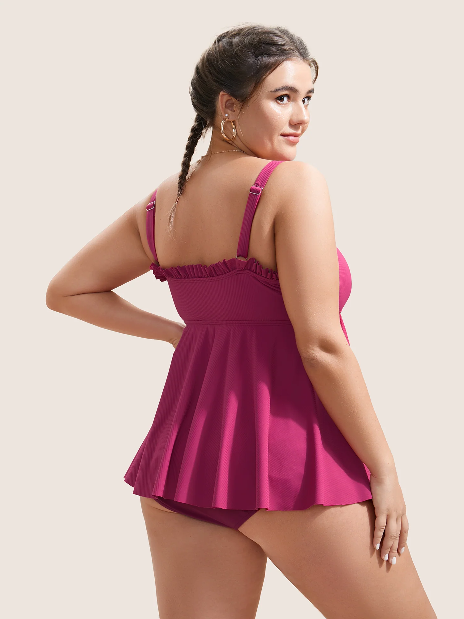 Solid Frill Trim Adjustable Straps Swim Top - Image 2