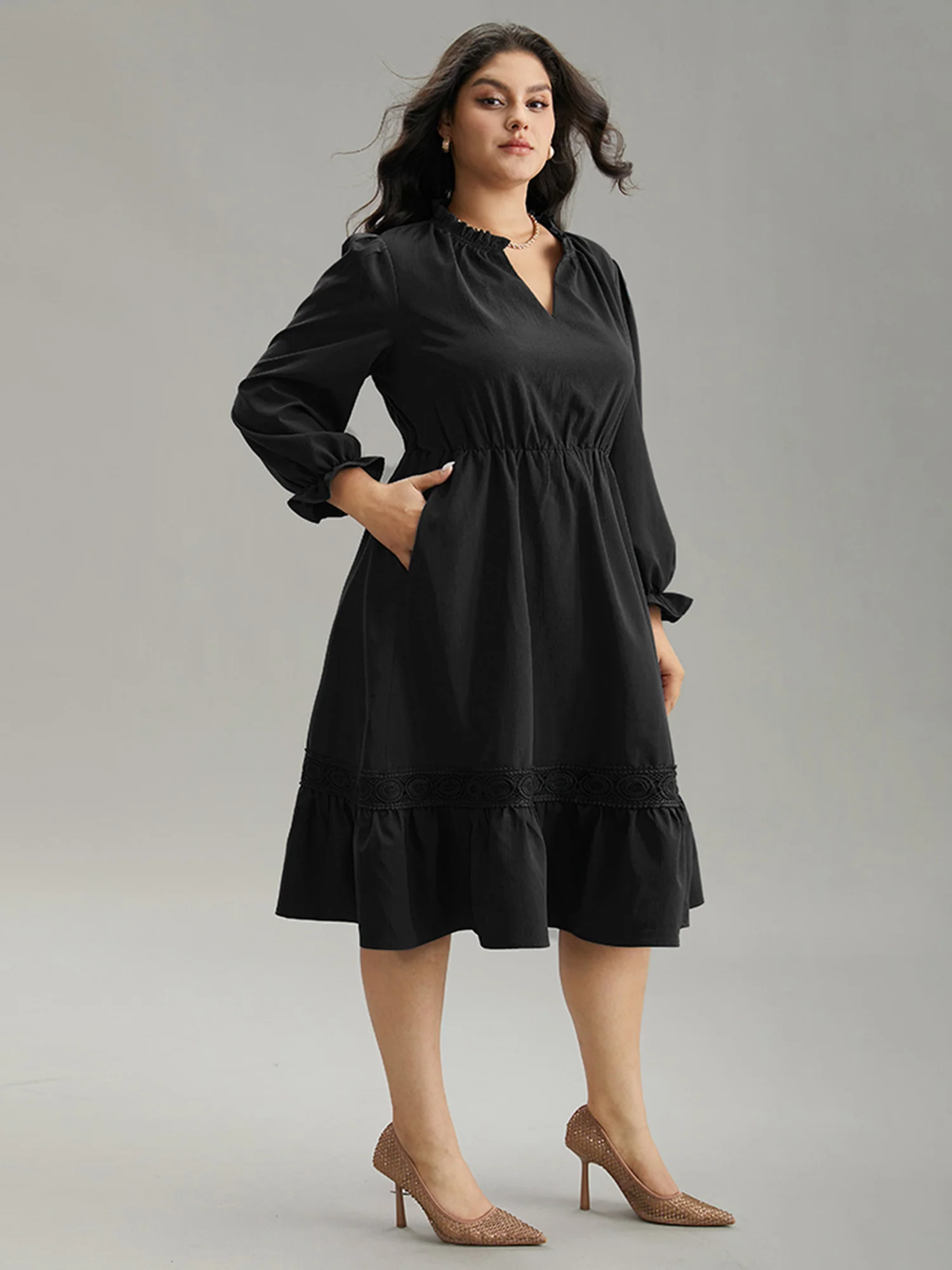 Solid Frill Trim Guipure Lace Flutter Sleeve Dress - Image 10