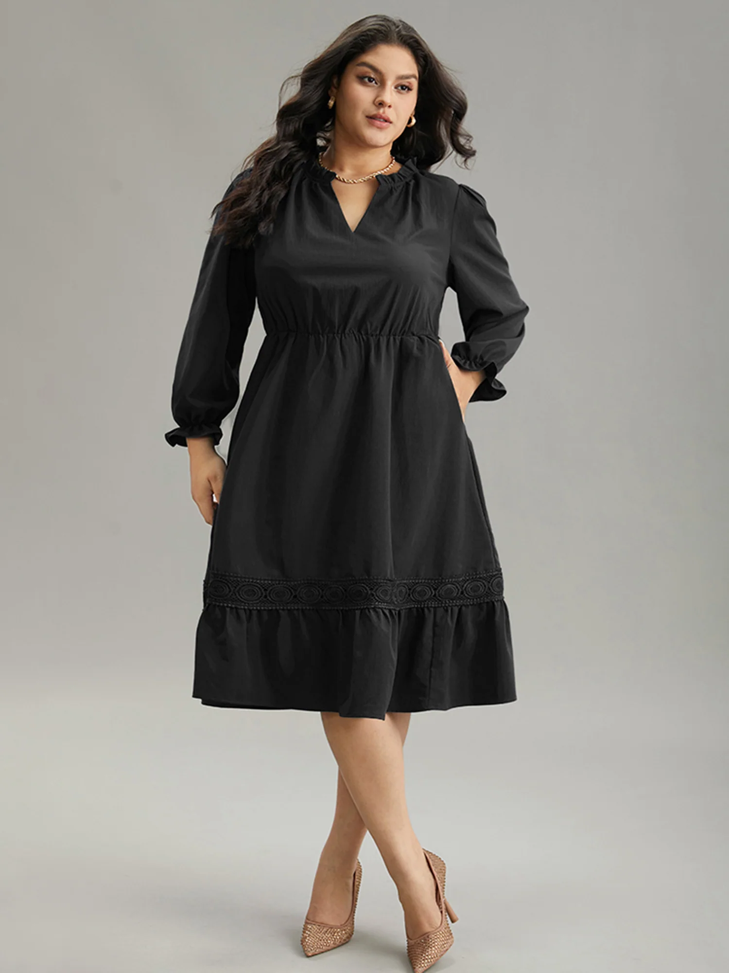 Solid Frill Trim Guipure Lace Flutter Sleeve Dress - Image 11