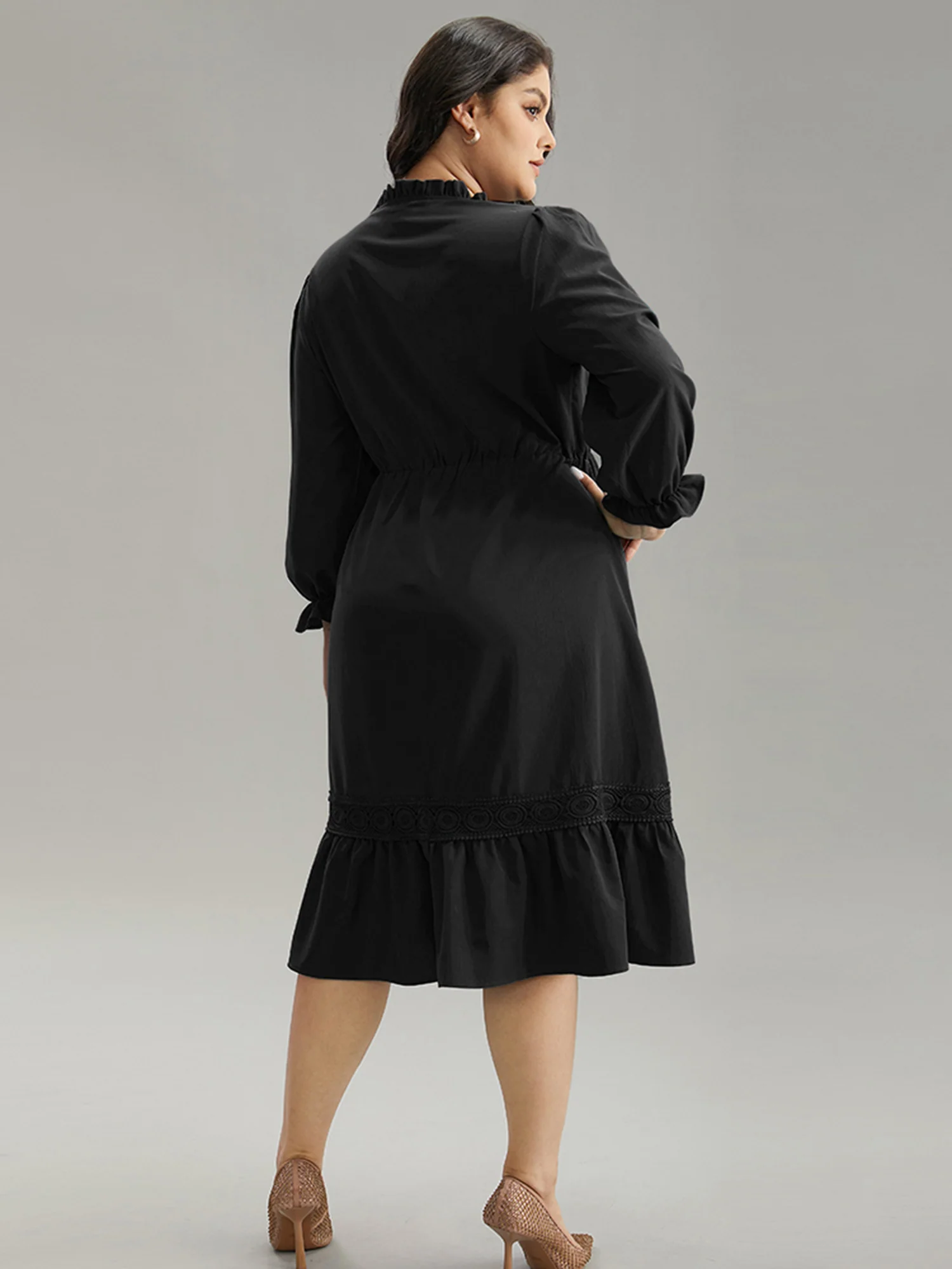 Solid Frill Trim Guipure Lace Flutter Sleeve Dress - Image 12