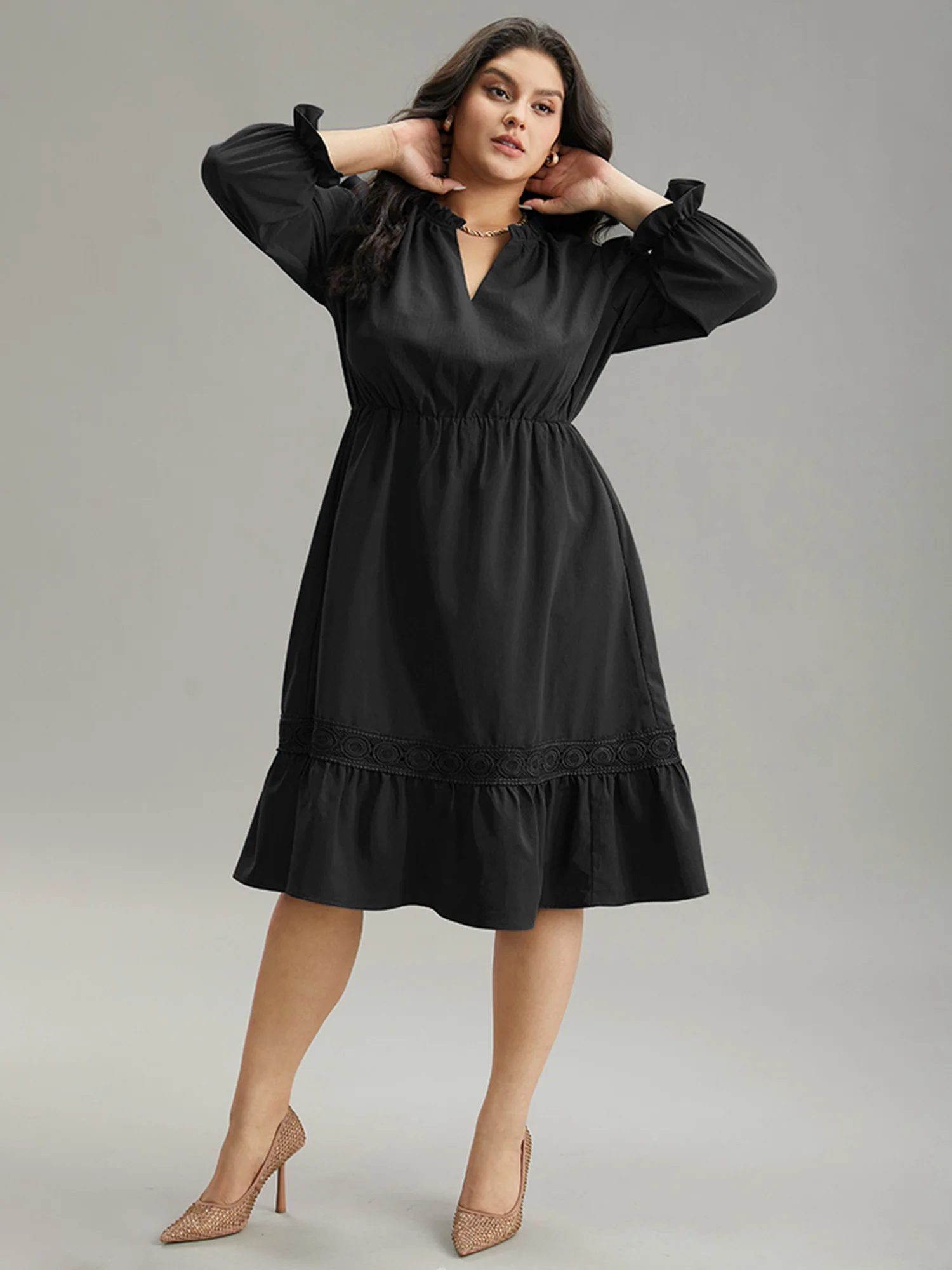 Solid Frill Trim Guipure Lace Flutter Sleeve Dress - Image 13