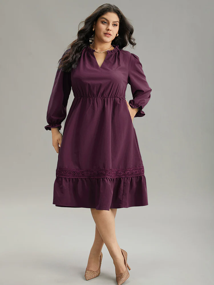 Solid Frill Trim Guipure Lace Flutter Sleeve Dress - Image 15