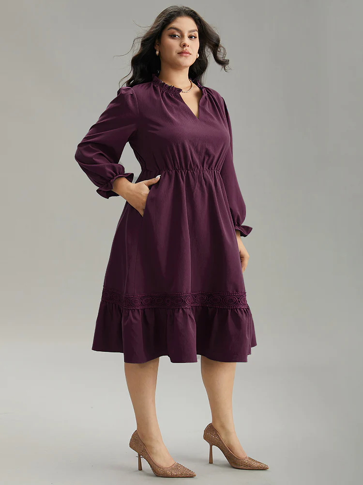 Solid Frill Trim Guipure Lace Flutter Sleeve Dress - Image 16