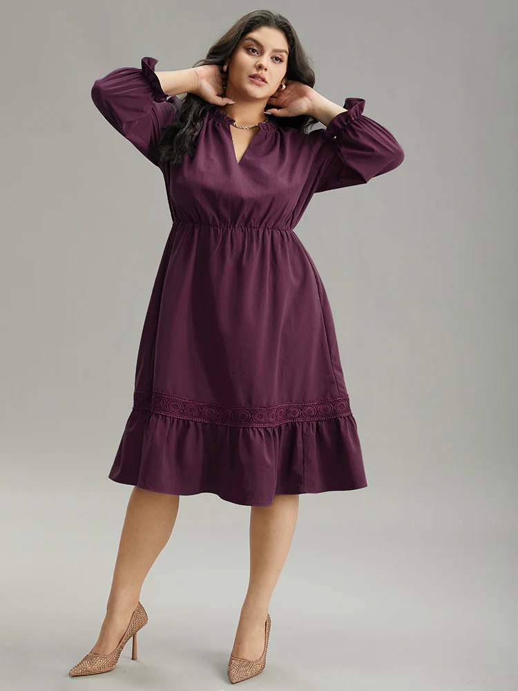 Solid Frill Trim Guipure Lace Flutter Sleeve Dress - Image 17