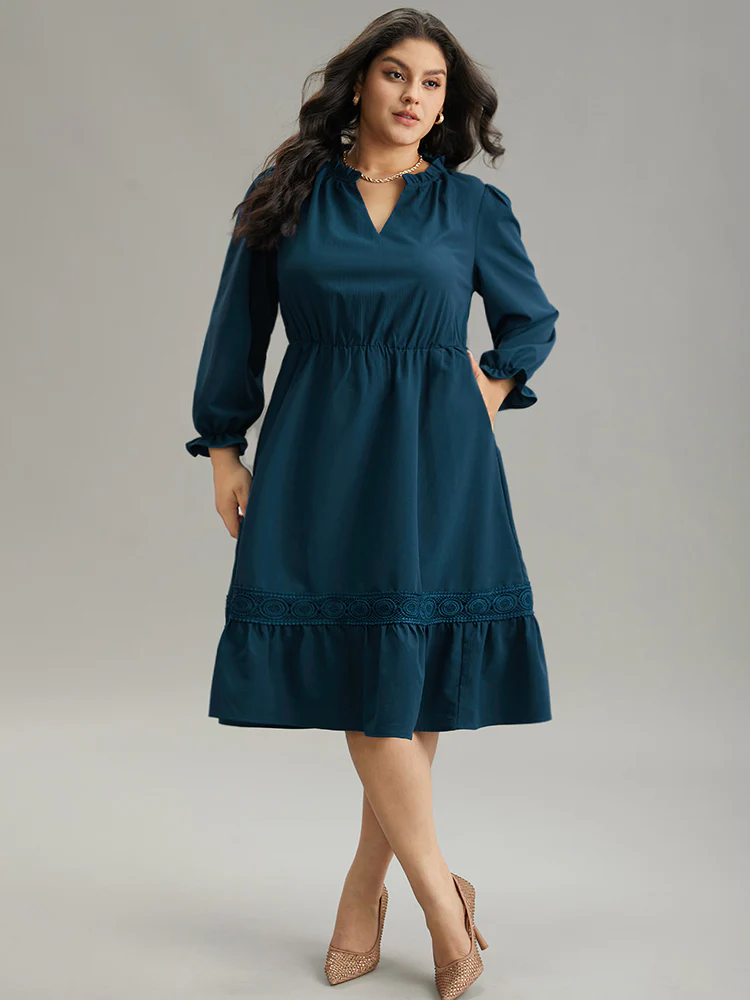 Solid Frill Trim Guipure Lace Flutter Sleeve Dress - Image 2