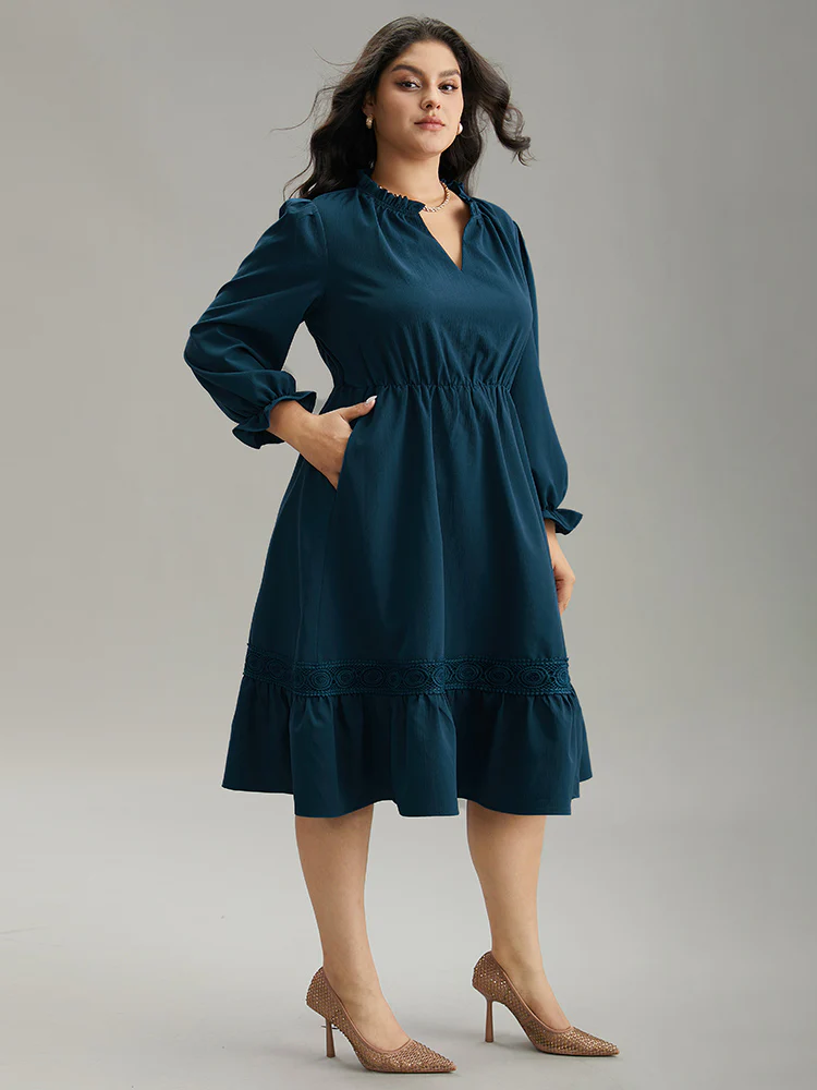 Solid Frill Trim Guipure Lace Flutter Sleeve Dress - Image 3