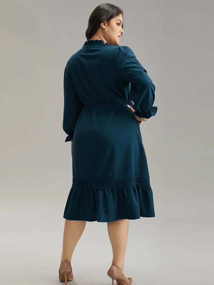 Solid Frill Trim Guipure Lace Flutter Sleeve Dress - Image 5