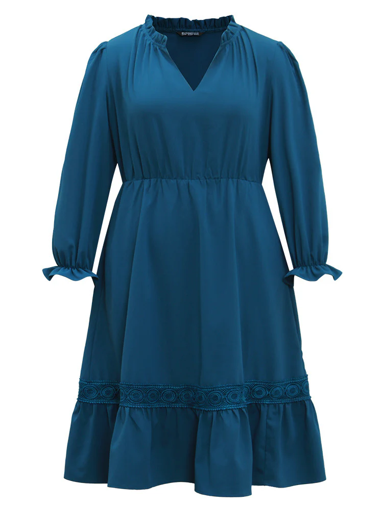 Solid Frill Trim Guipure Lace Flutter Sleeve Dress - Image 8