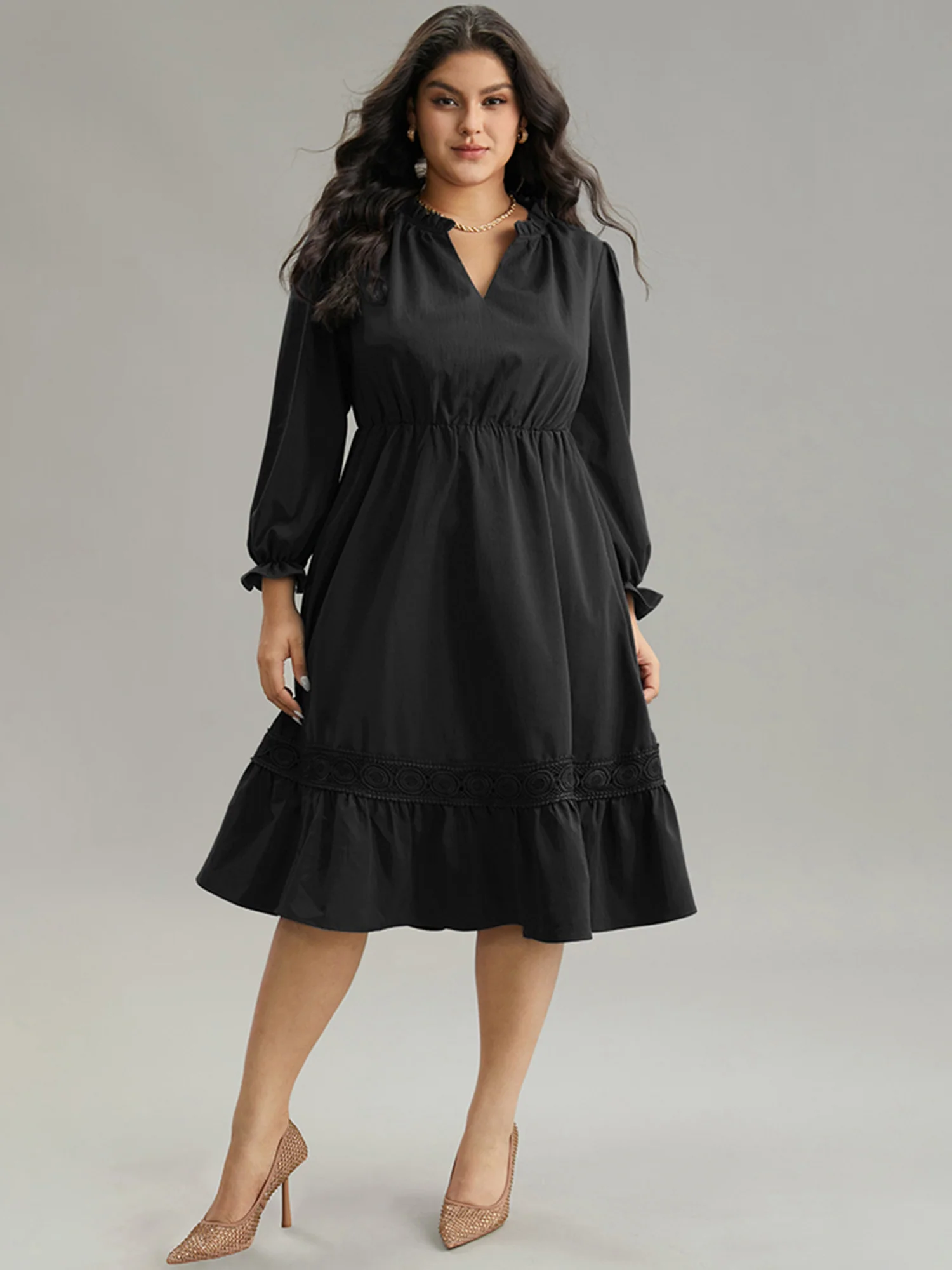 Solid Frill Trim Guipure Lace Flutter Sleeve Dress - Image 9