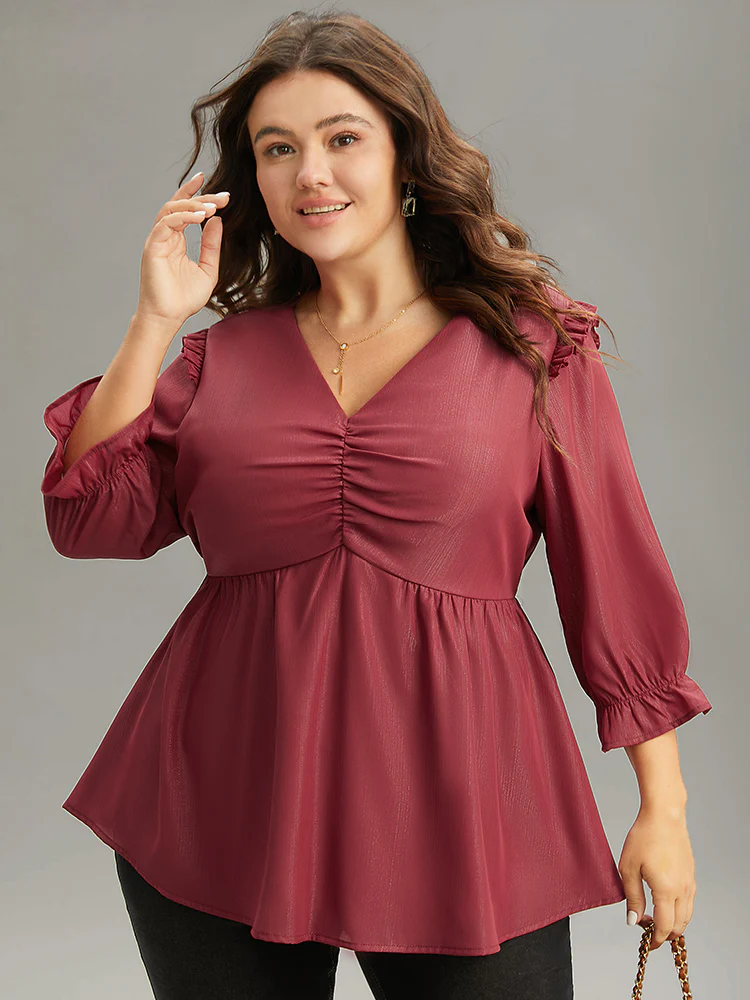 Solid Frill Trim Ruched Elastic Waist Blouse