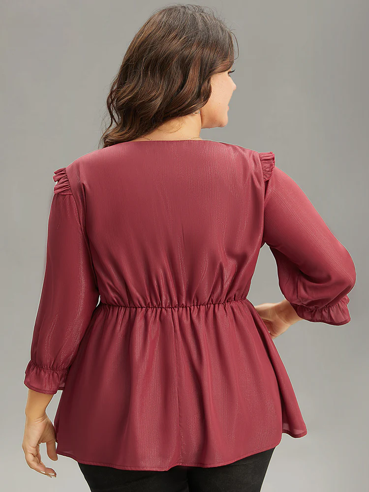 Solid Frill Trim Ruched Elastic Waist Blouse - Image 2