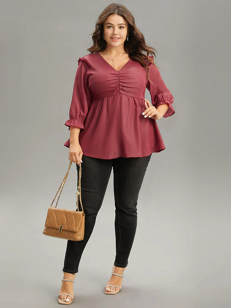 Solid Frill Trim Ruched Elastic Waist Blouse - Image 4