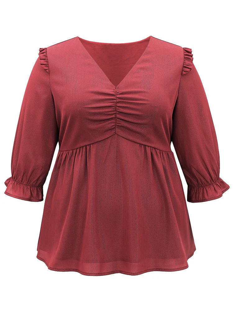 Solid Frill Trim Ruched Elastic Waist Blouse - Image 5