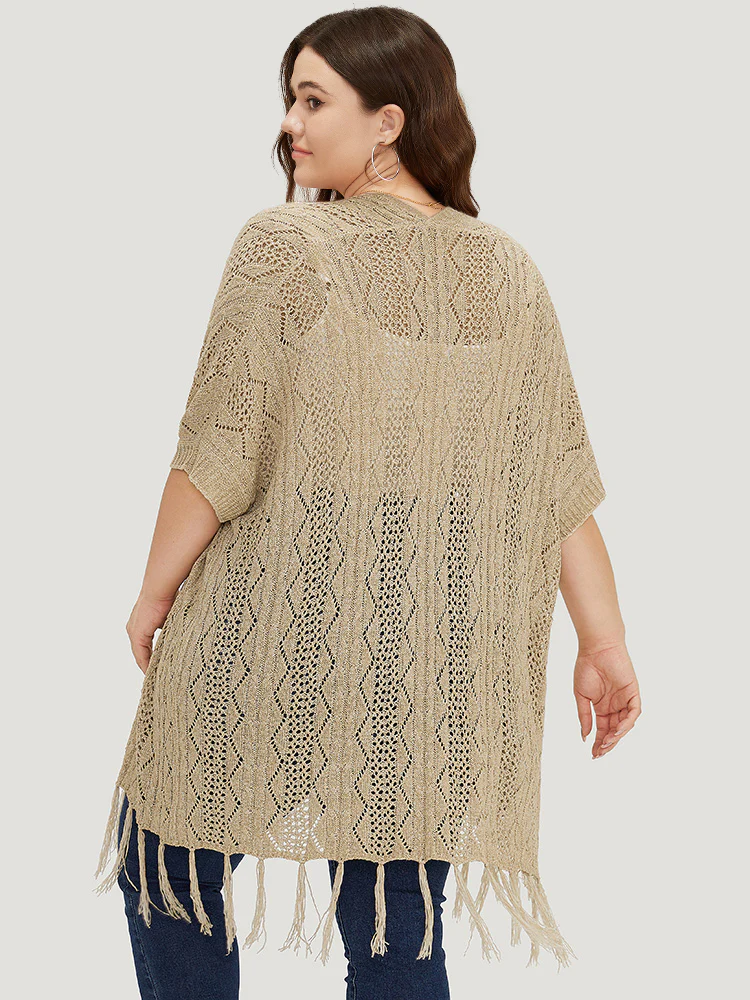 Solid Fringe Trim Geometric Eyelet Batwing Sleeve Cardigan - Image 2