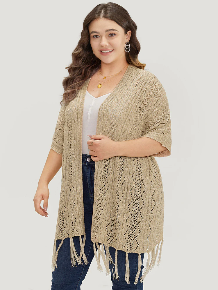 Solid Fringe Trim Geometric Eyelet Batwing Sleeve Cardigan - Image 3