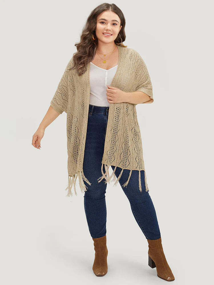 Solid Fringe Trim Geometric Eyelet Batwing Sleeve Cardigan - Image 4