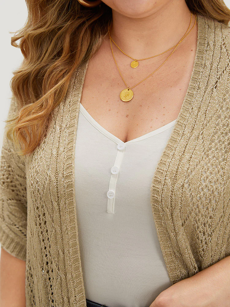 Solid Fringe Trim Geometric Eyelet Batwing Sleeve Cardigan - Image 5