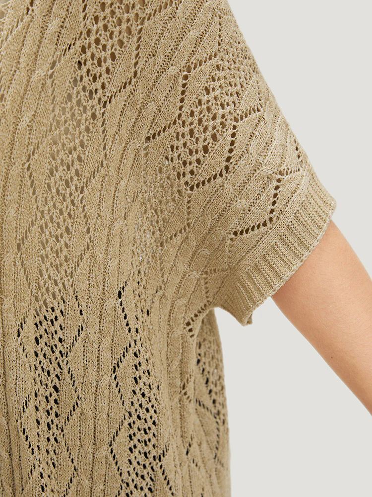 Solid Fringe Trim Geometric Eyelet Batwing Sleeve Cardigan - Image 6