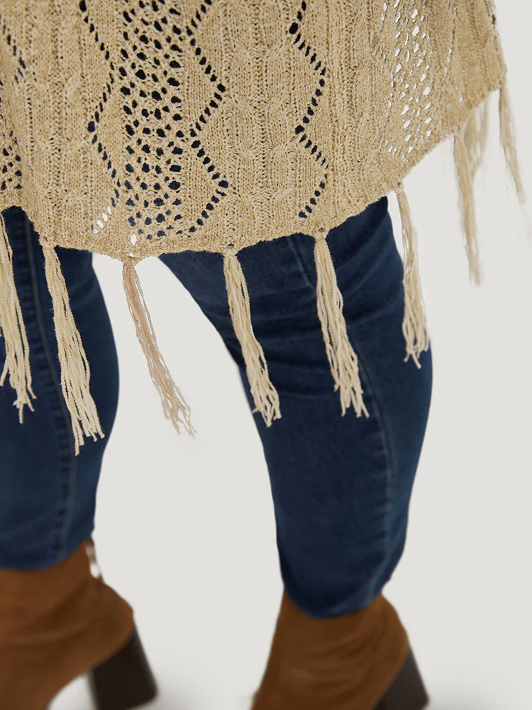 Solid Fringe Trim Geometric Eyelet Batwing Sleeve Cardigan - Image 7