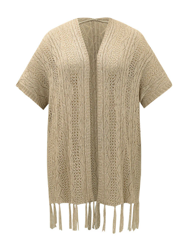 Solid Fringe Trim Geometric Eyelet Batwing Sleeve Cardigan - Image 9
