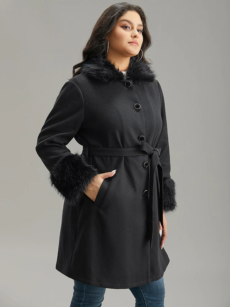 Solid Fuzzy Trim Button Through Belted Coat - Image 2