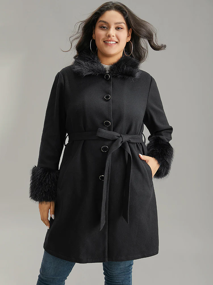 Solid Fuzzy Trim Button Through Belted Coat - Image 3